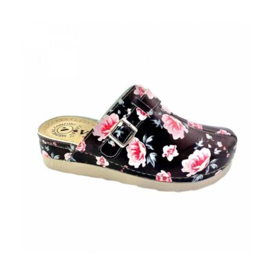 Anatomski ženski natikači črni – vzorec cvetlice