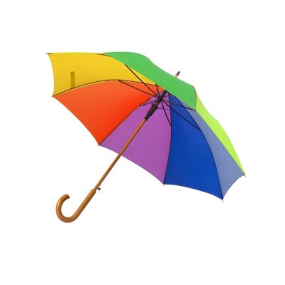 Ženski dežnik z avtomatskim odpiranjem in lesenim ročajem.